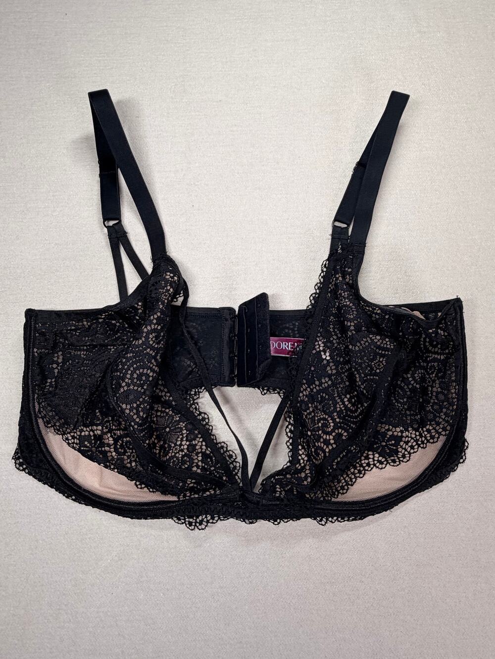 Adore Me Jenni Bra 40G Black Floral Lace Strappy Mesh Unpadded Plunge Underwire